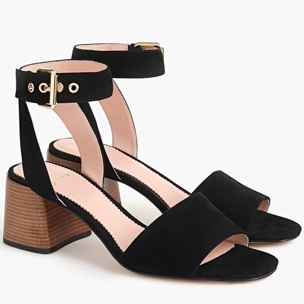 J.Crew Suede Wide Strap Penny Black Ankle Strap Sandals Block Heel Pumps
